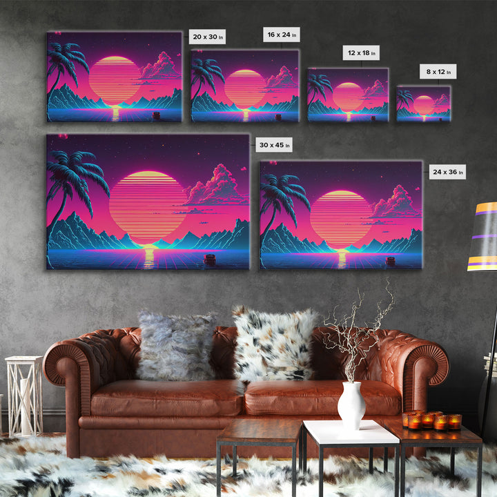 Retro Outrun Style Palm Trees and Sunset, Framed Canvas Print, Wireframe lake and mountain vista