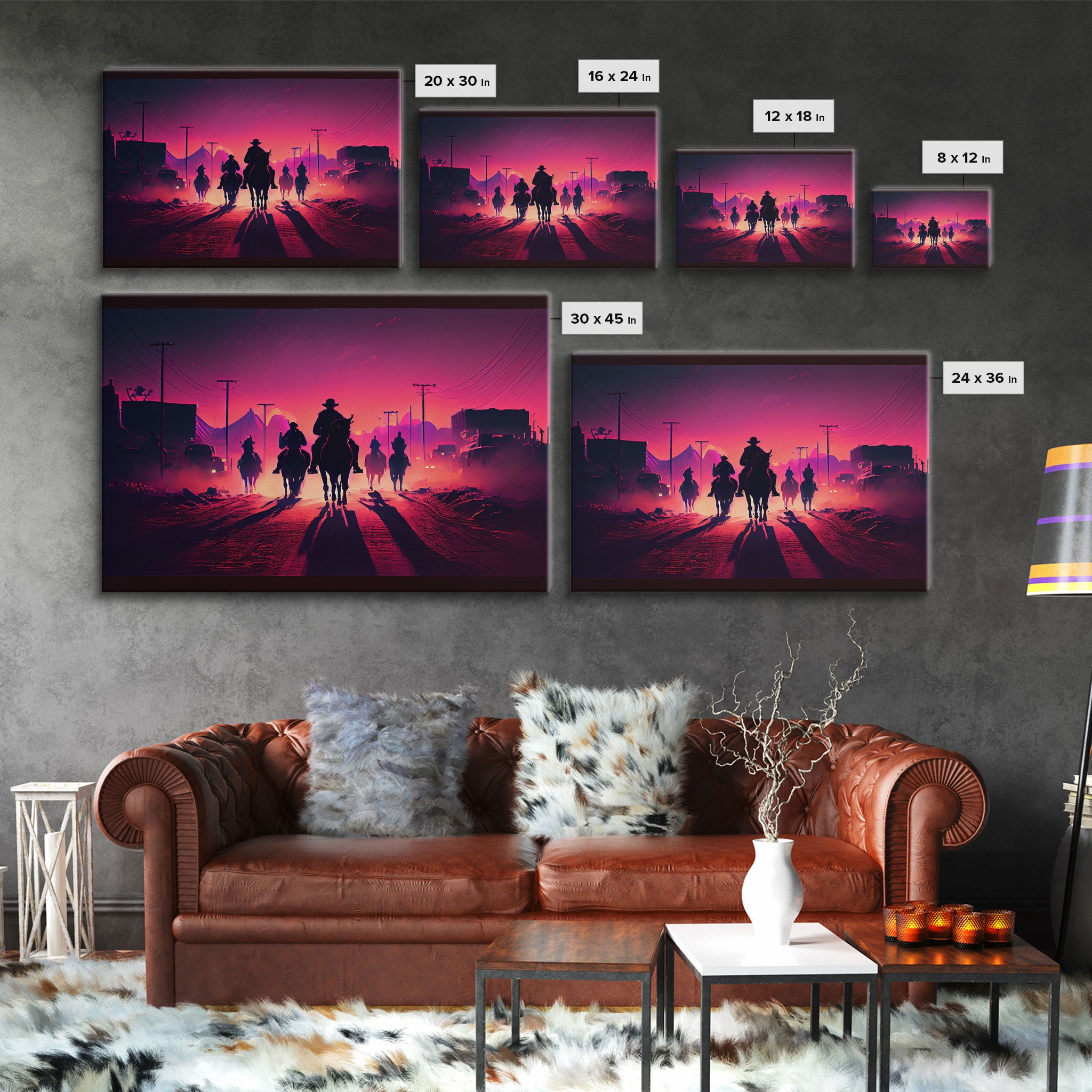 Retro Synthwave Style Post-Apocalyptic Cowboys, framed canvas print, retro outrun style wild west art