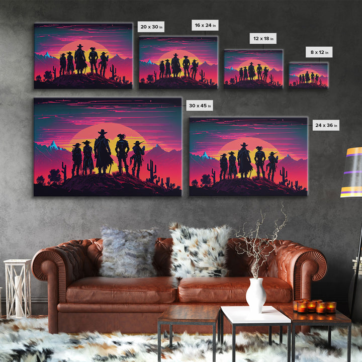 Retro Synthwave Style Wild West Cowboys, framed canvas print, retro outrun style wild west art