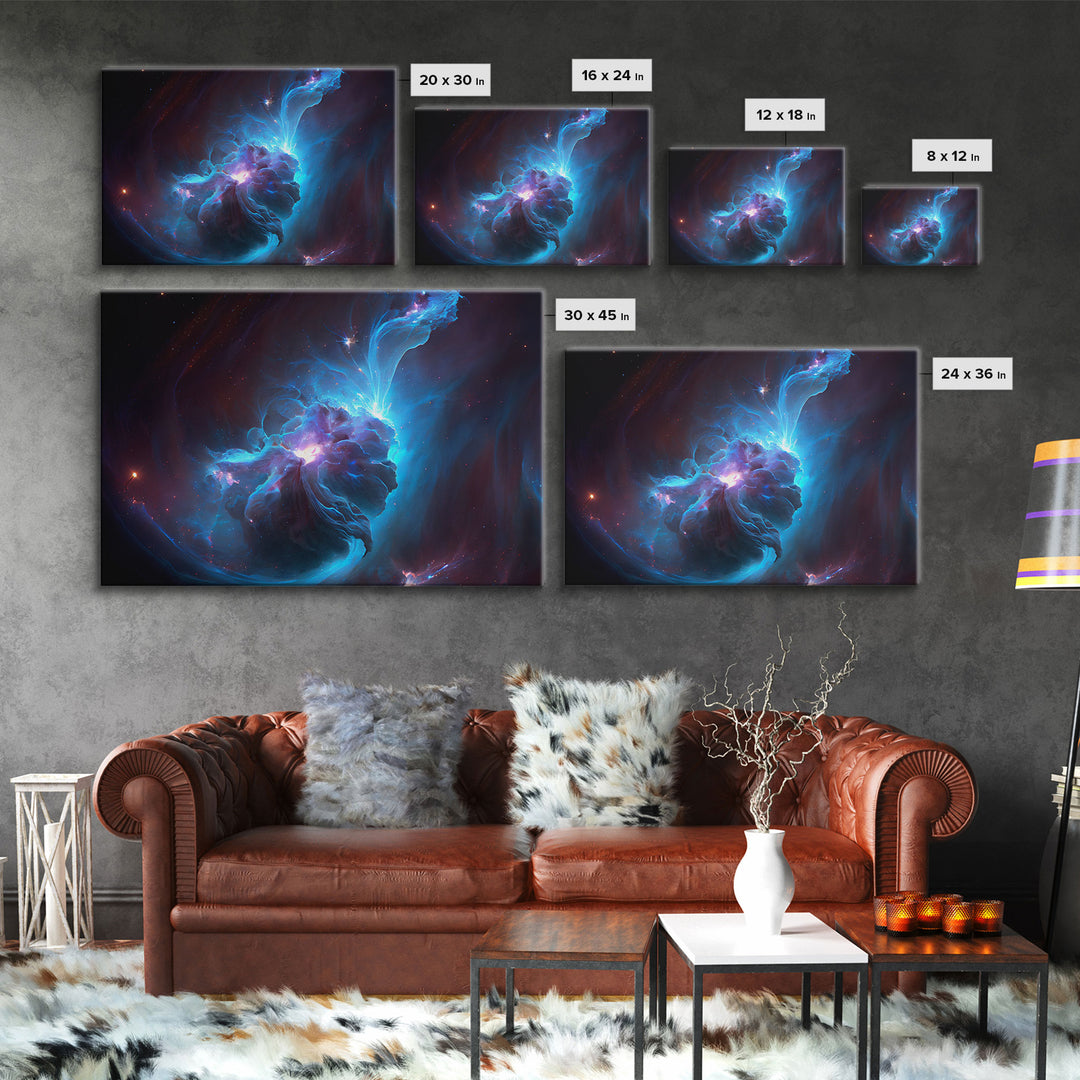 Supernova Nebula Art, Deep Space exploration water color, framed canvas print, unique space decor