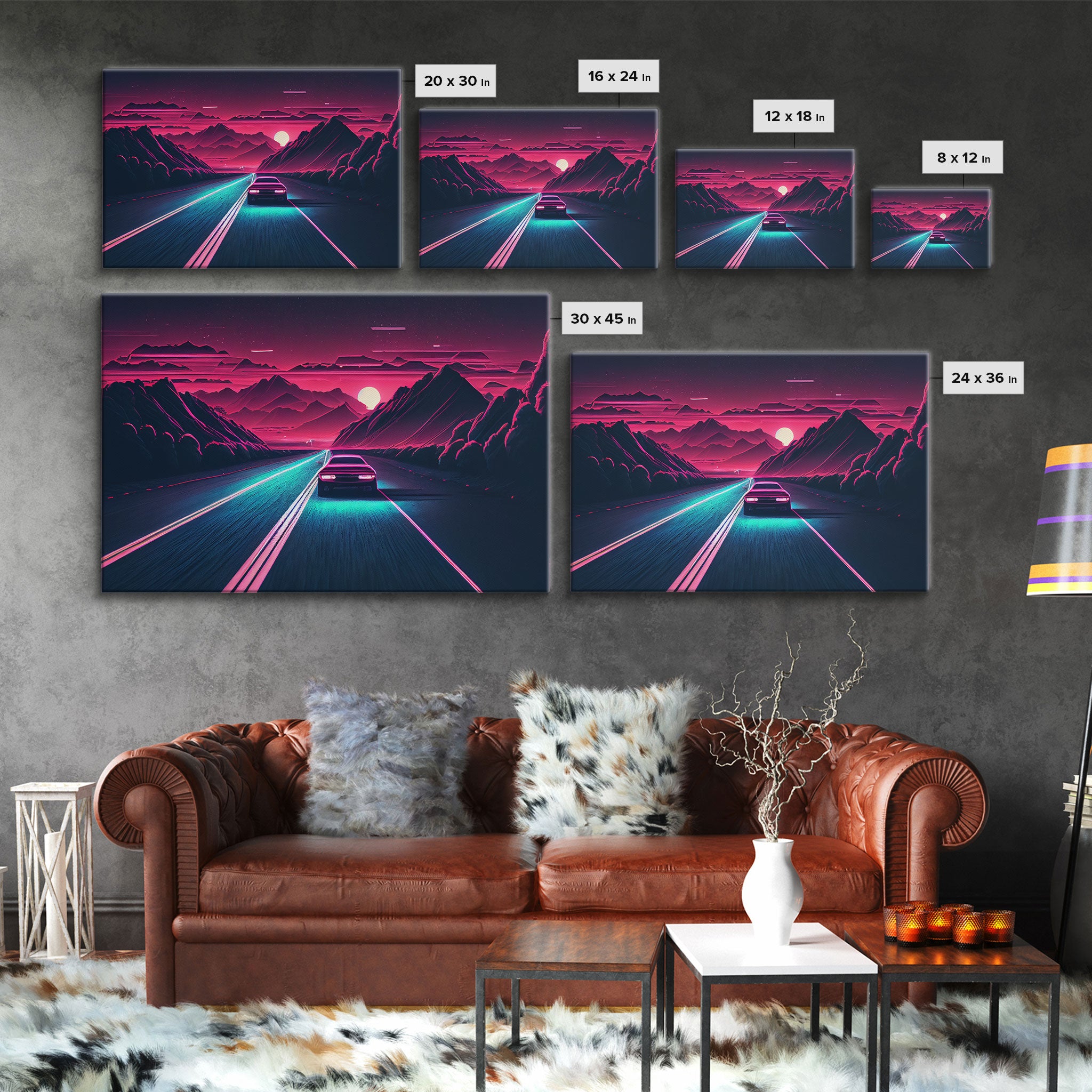 Midnight Drive, Unique Synthwave Style Retro Art, 80s style art, framed canvas print