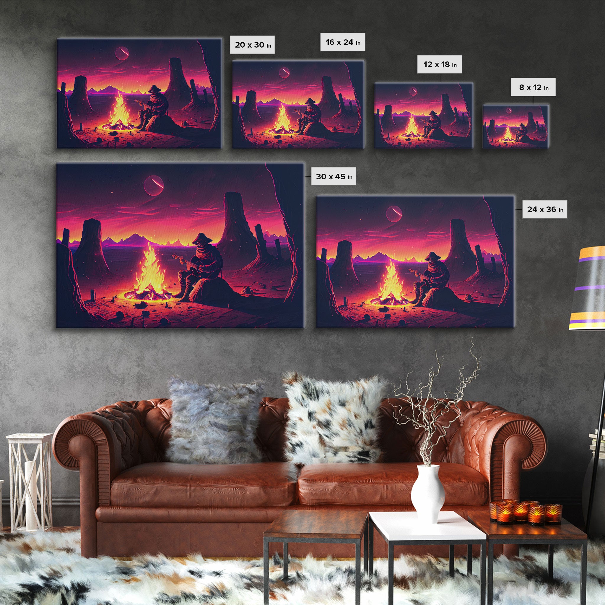 Campfire Songs, Retrowave style art, framed canvas print, synthwave art