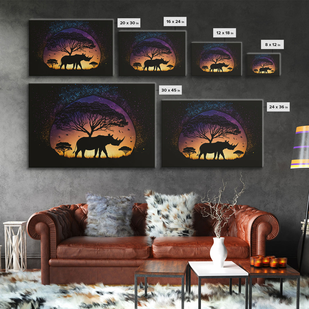 Rhino Silhouette against a starry night sky, wildlife art, animal prints, framed canvas print