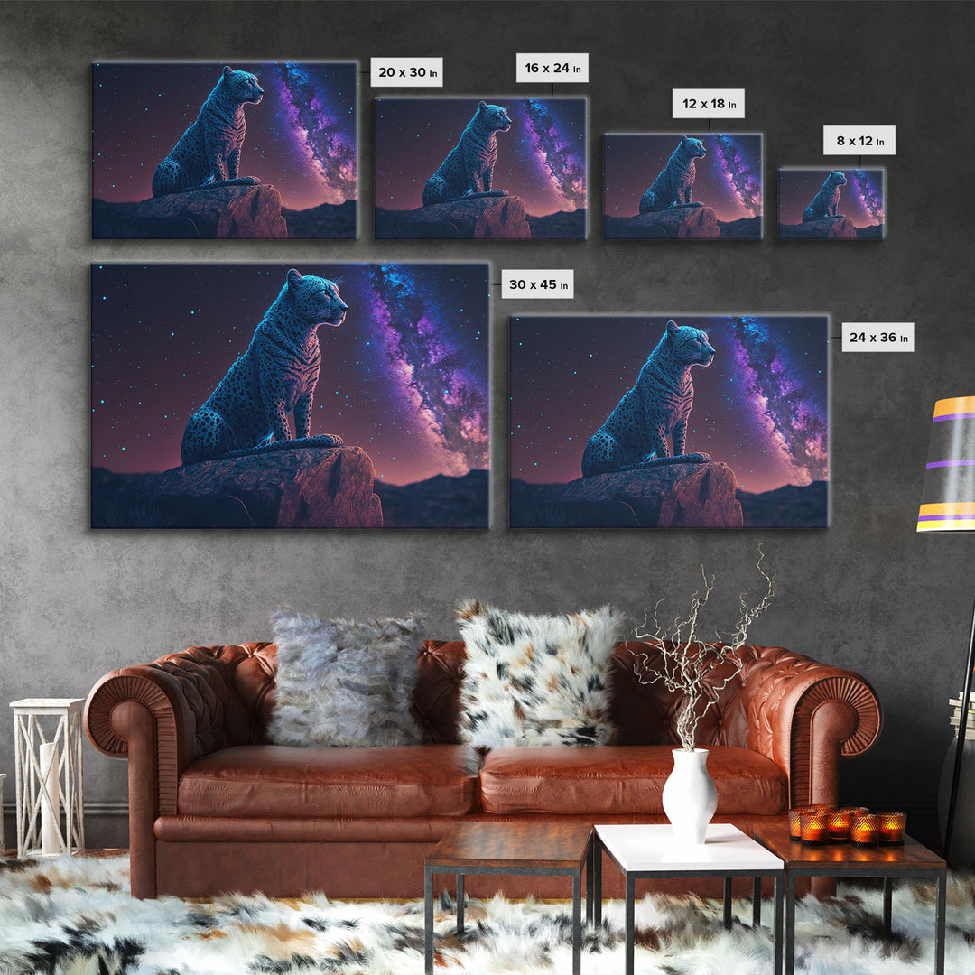 Synthwave Animal Prints, Cheetah and a starry night sky, framed canvas print, cute animal art