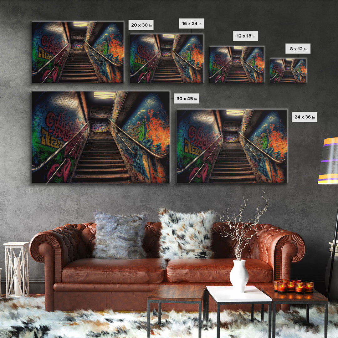 Graffiti Covered Staircase | Subway Stairs | Framed Canvas Print | Punk Art | Dystopian Cyberpunk Art