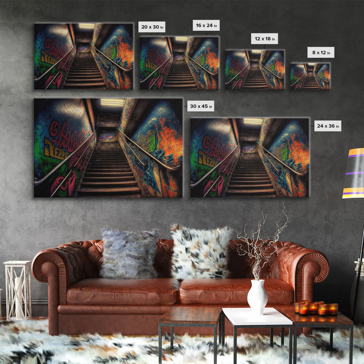 Graffiti Covered Staircase | Subway Stairs | Framed Canvas Print | Punk Art | Dystopian Cyberpunk Art