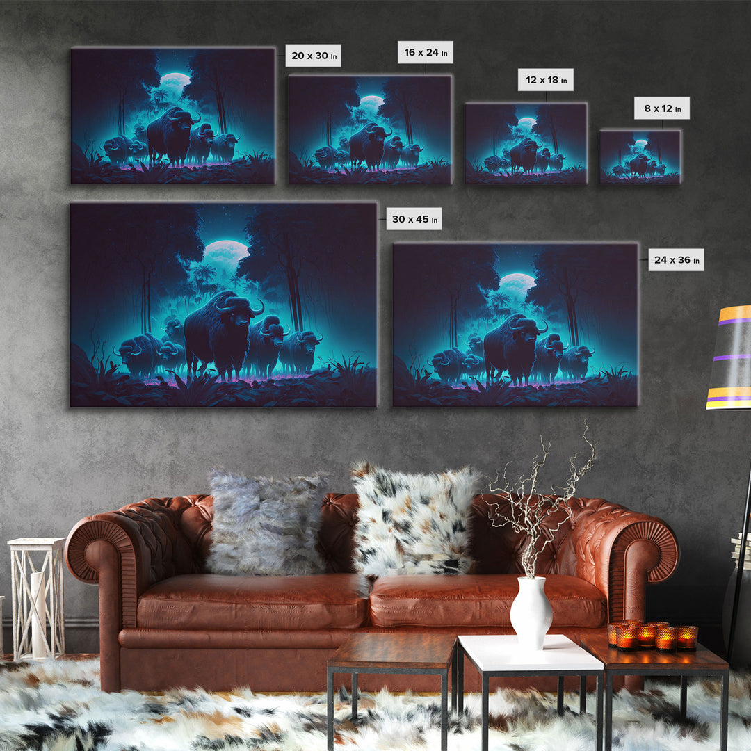 Herd of Water buffalo at midnight, full moon, retro style synthwave animal prints, framed canvas print