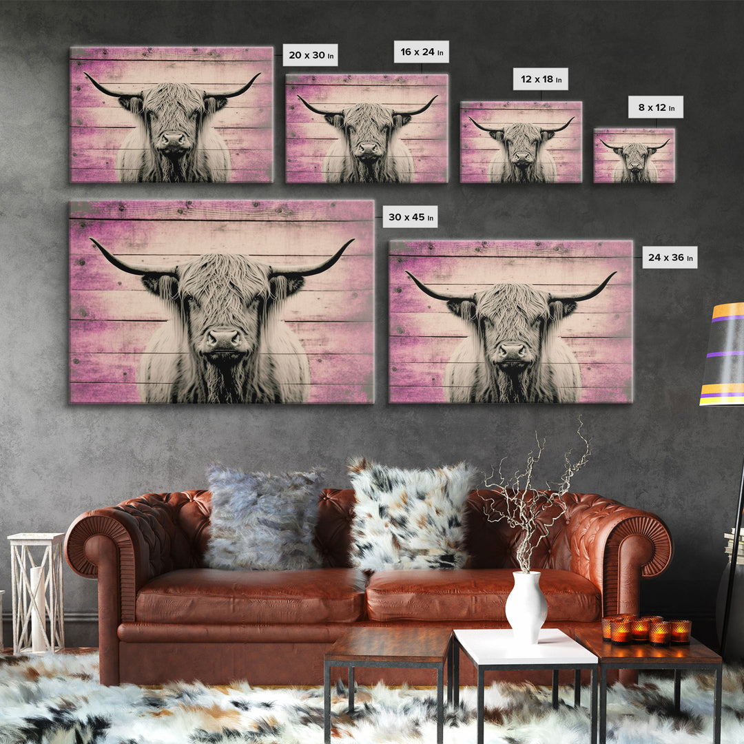 Pink Rustic Cattle Art, Framed Canvas Print, Framed Wall Art, Primitive Rustic Minimalist Farmhouse Decor, Highland Cattle Distressed Art