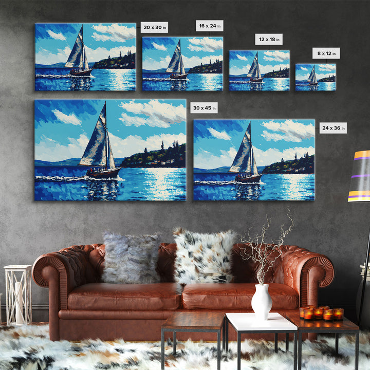 Blue Sky and Blue Sea There's Nothing Else For Me, Framed Canvas Print, Oil Painting Style, Sailing / Sail Boat Art