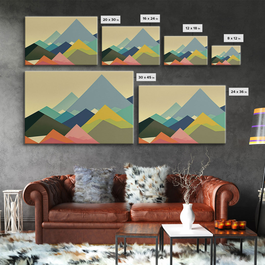 Swedish Style Art, Framed Canvas Print, Colorful Mountain Landscape Pop Art Style