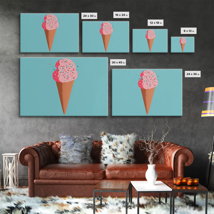 Pop Art Ice Cream Cone With Sprinkles, Retro Style Framed Canvas Print Art, Turquoise Art, Vintage Inspired Ice Cream Shop Wall Art