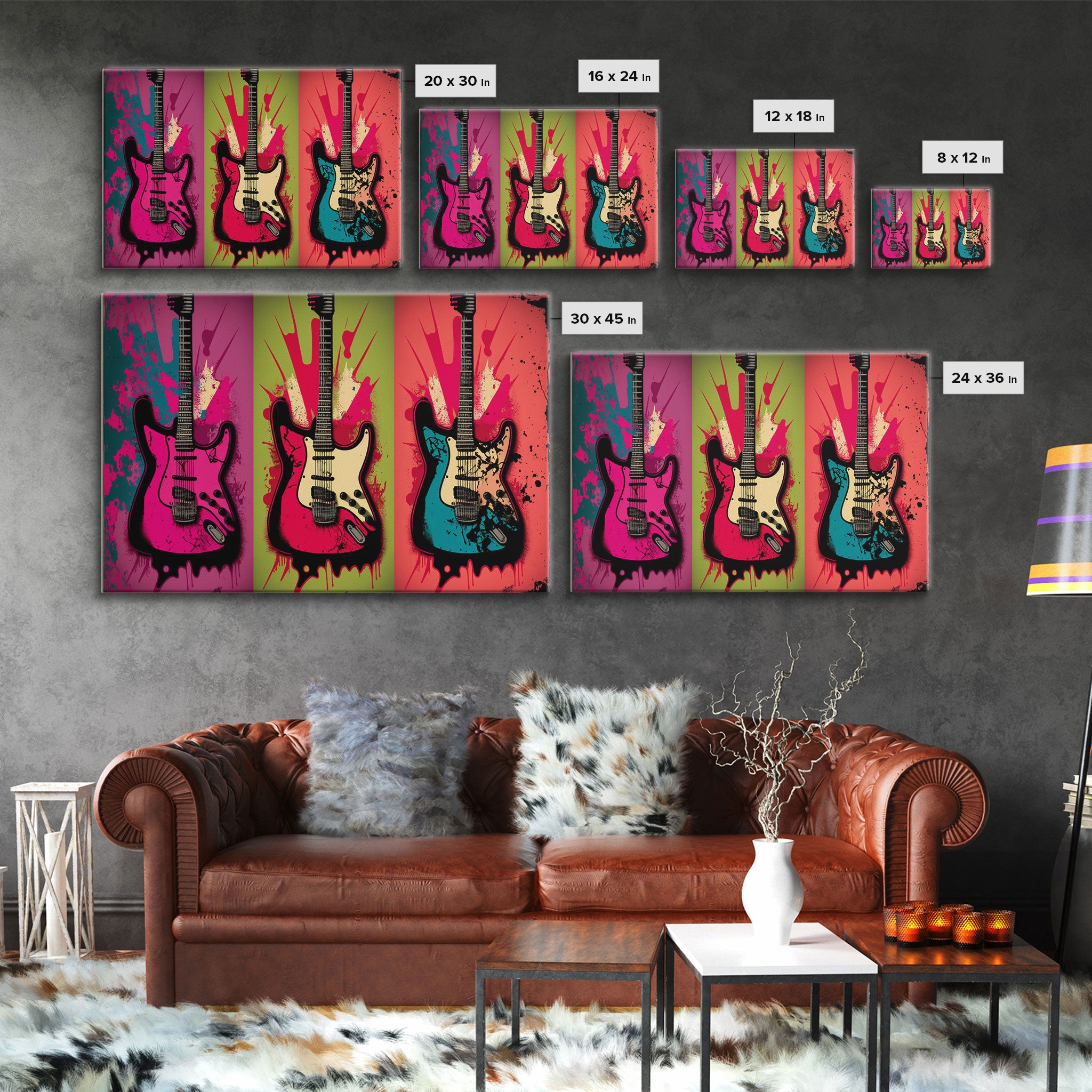 Electric Guitar Pop Art, Instrument Drawings, Framed Canvas Print, Pop Art, Graffiti Splatter Art, Large Living Room Wall Decorr