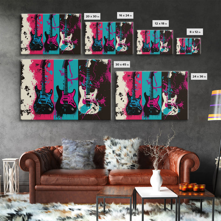 Electric Guitar Graffiti Punk Pop Art, Instrument Drawings, Framed Canvas Print, Pop Art, Splatter Art, Large Living Room Wall Decorr