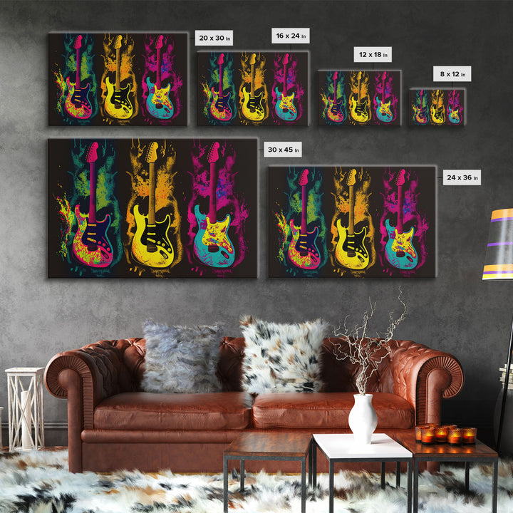 Psychedelic Electric Guitar Graffiti Pop Art, Instrument Drawings, Framed Canvas Print, Pop Art, Splatter Art, Large Living Room Wall Decorr