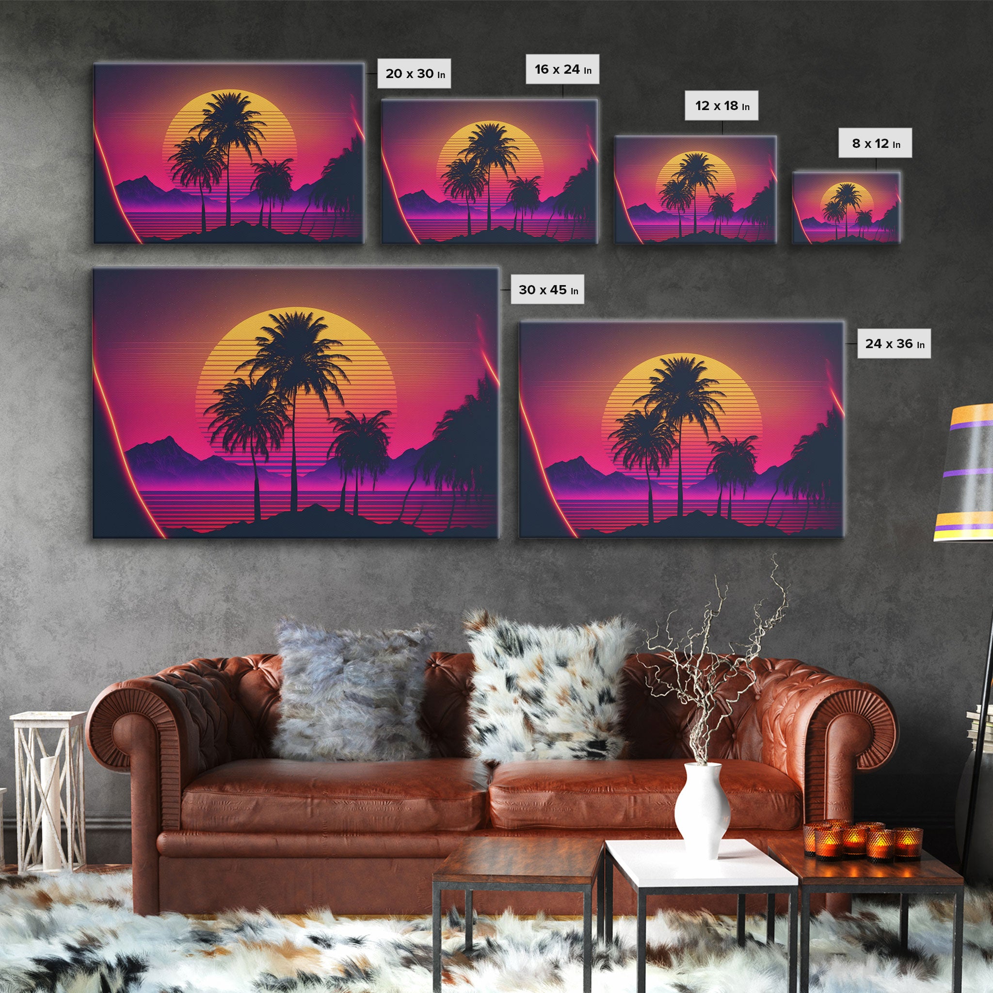 Synthwave Sunset Behind Beautiful Palm Trees, 1980s Style Retro Home Decor, Framed Canvas Print