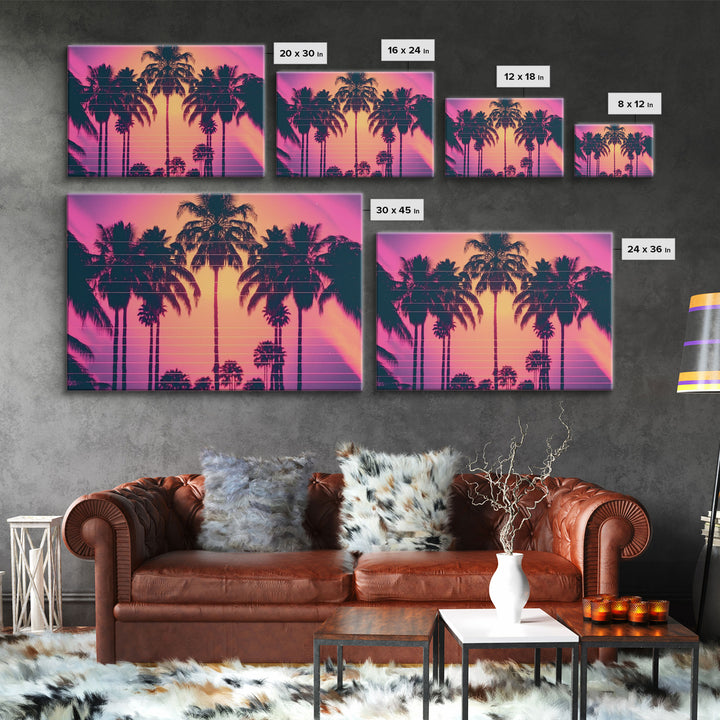 Synthwave Sunset Art, Framed Canvas Print, Palm Tree 80s Vibe Wall Art