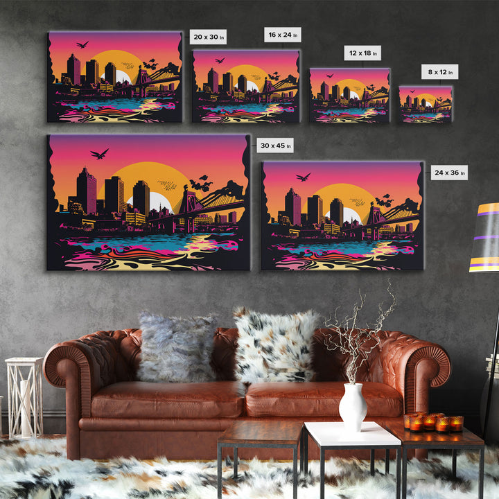 Beautiful Portland, Oregon Retro Synthwave Style Sunset Art, Framed Canvas Print, Pacific Northwest City Art