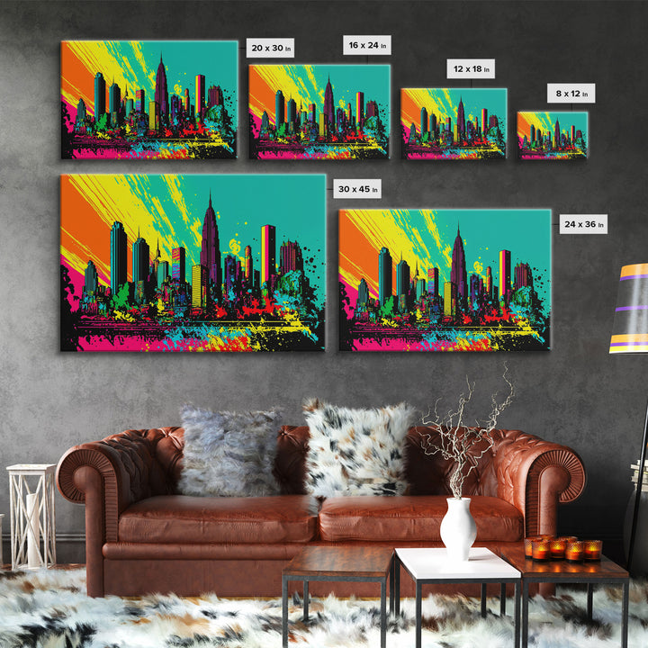 Chicago City Skyline Graffiti Art, Framed Canvas Print, Large Office Wall Decor, Huge Living Room Art