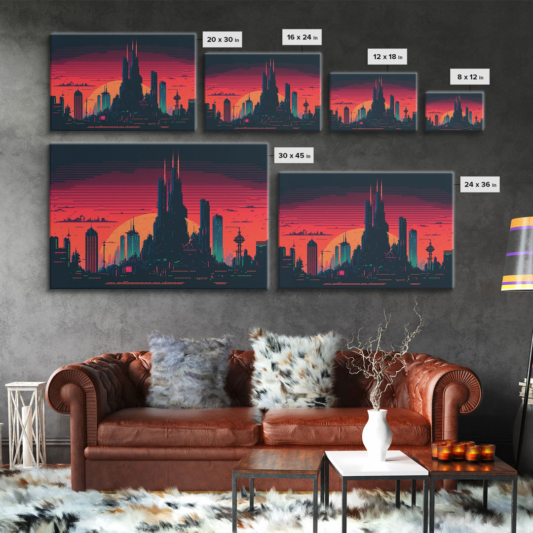 Outrun Style Pixel Art Futuristic Cyberpunk City Skyline at Sunset, Concept art, framed canvas print, dystopian art