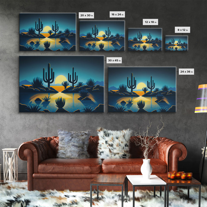 Retro Art Deco Style Pueblo Desert Art, Cactus Desert Landscape under a Full Moon, Framed Canvas Print, Cute Western Decor