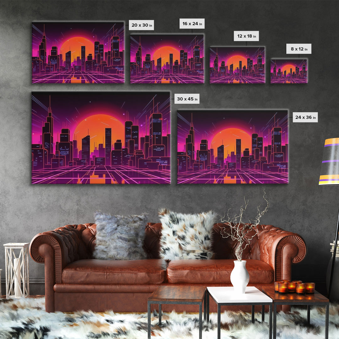 City Wall Art | Framed Canvas Print | Living room art | Lines | Retro | Wonderful art | Landscape | Outrun Style | Futuristic | Synthwave