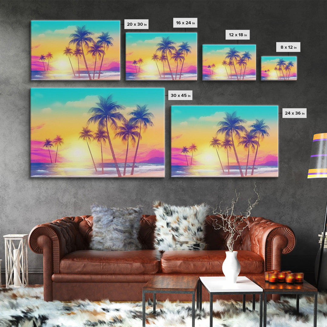 Colorful sunset Wall art, Framed Canvas Print, Synthwave Style, Guest room art, Pop Art Style, Watercolors, Beautiful art, Tropical Art