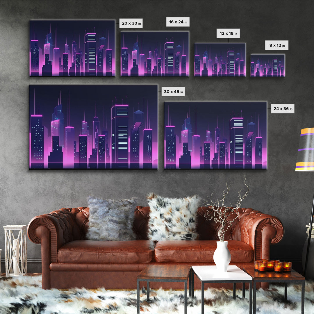 Big City Wall Art | Framed Canvas Print | Living room art | Office decor | Buildings | Outrun Style | Landscape | Night | Pop Art | City