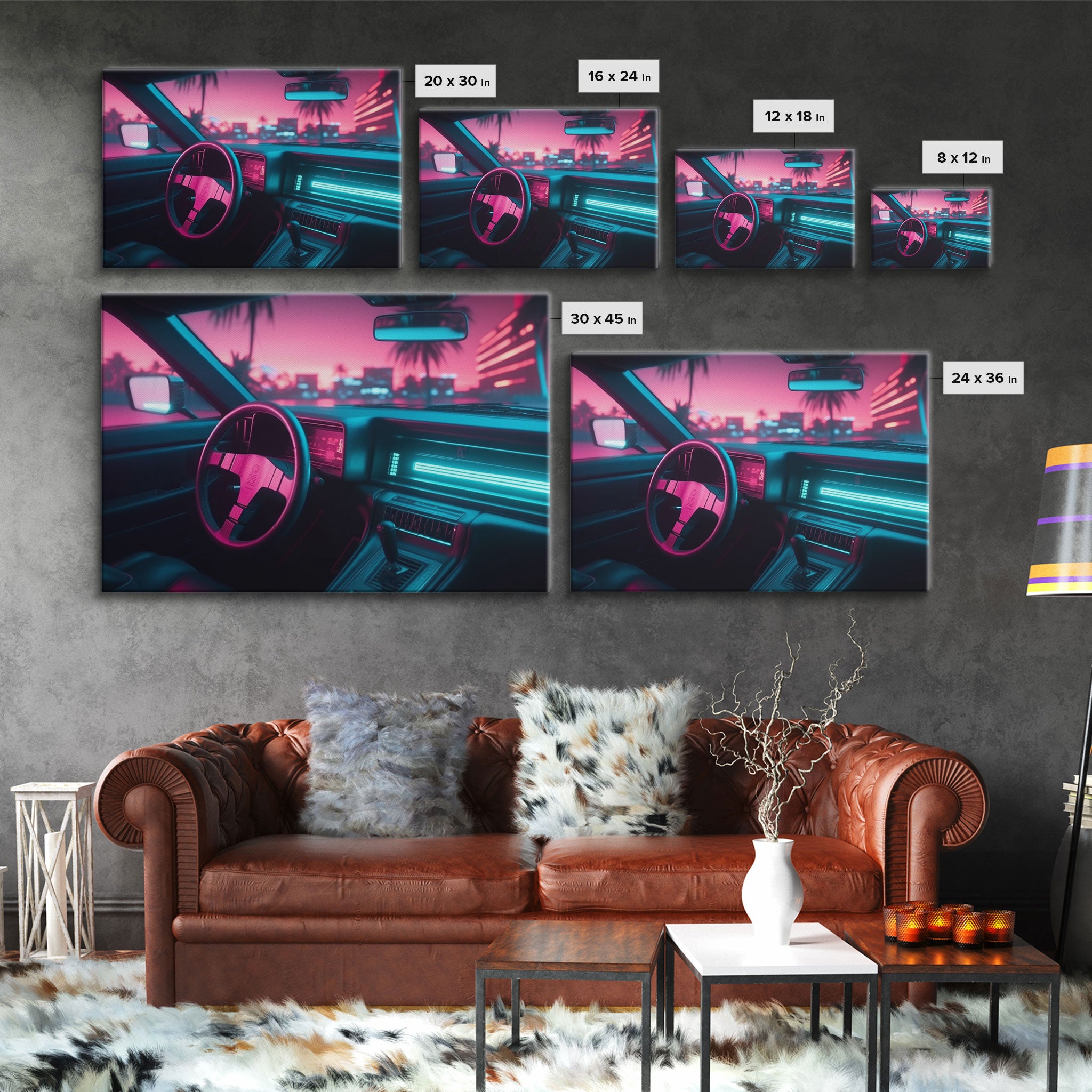 Car interior Wall Art | Framed Canvas Print | Living room art | Neon Lights | Outrun Style | Guest room art | Retro art | Beautiful Art