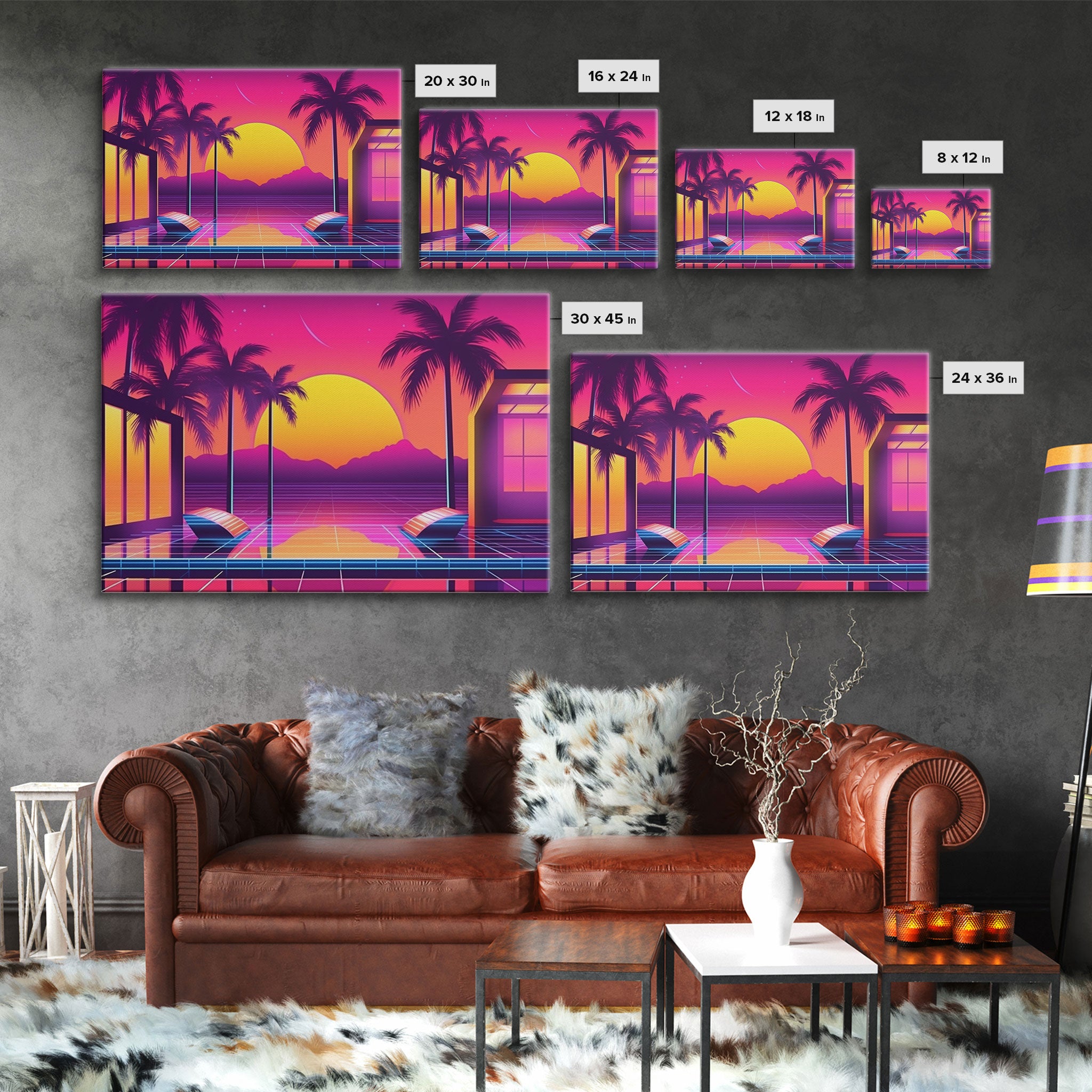 Sunset Penthouse Wall Art, Framed Canvas Print, Pop Art Style, Synthwave Style, Living room art, Colorful painting, Pink colors, Hot sunset