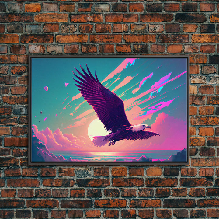 Bald eagle in flight, vaporwave sunset, vaporwave art, framed canvas print, pink and turquoise art