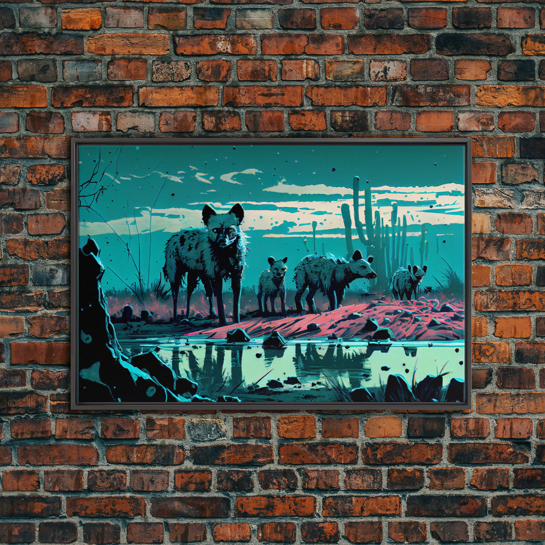 Hyenas at midnight, turquoise vaporwave art, framed canvas print