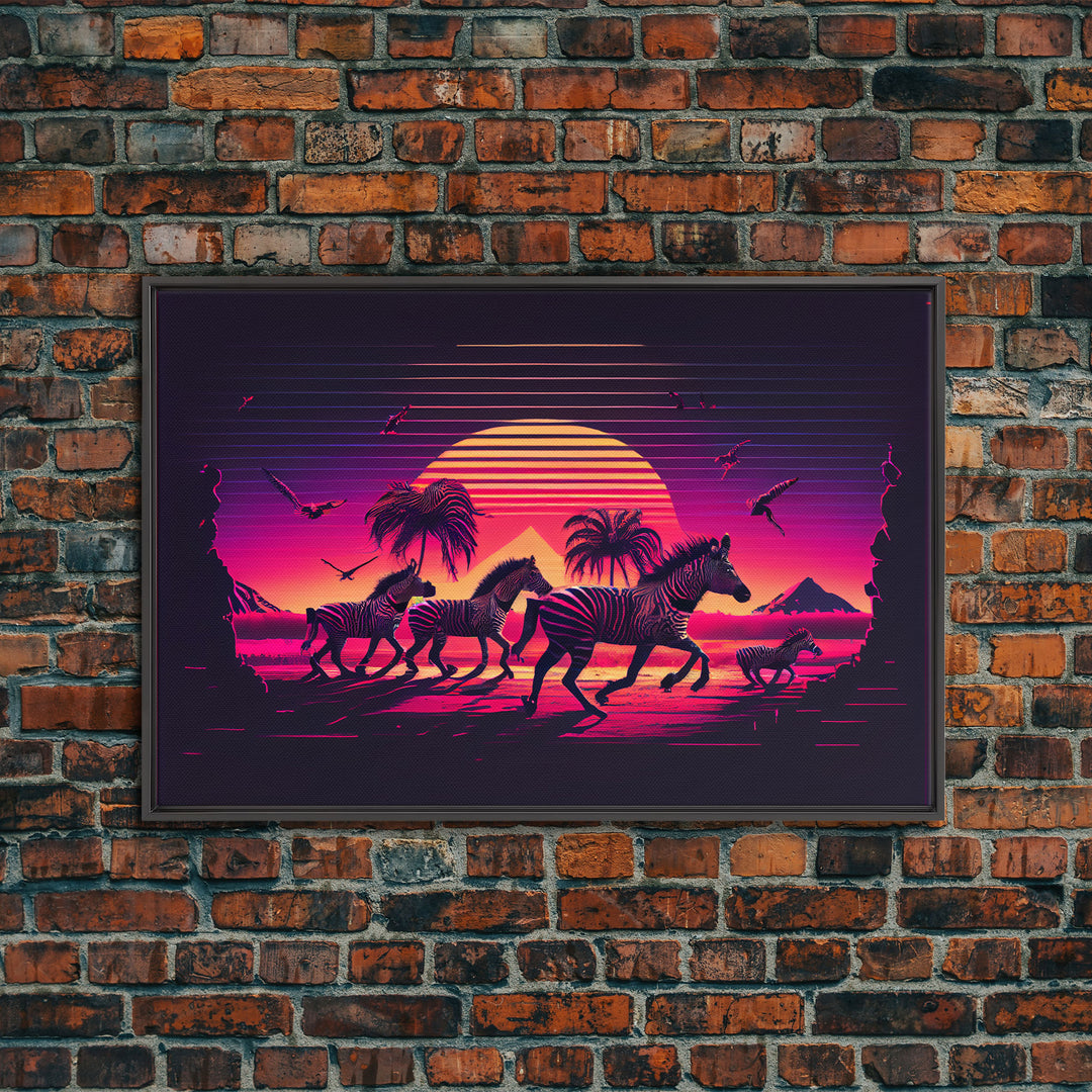 Zebra running through the plains, synthwave art, framed canvas print, framed wall art