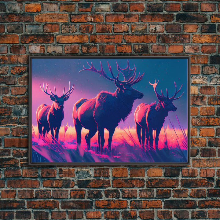 Vaporwave landscape, Elk in the plains at sunset, framed canvas art, canvas print, framed wall art