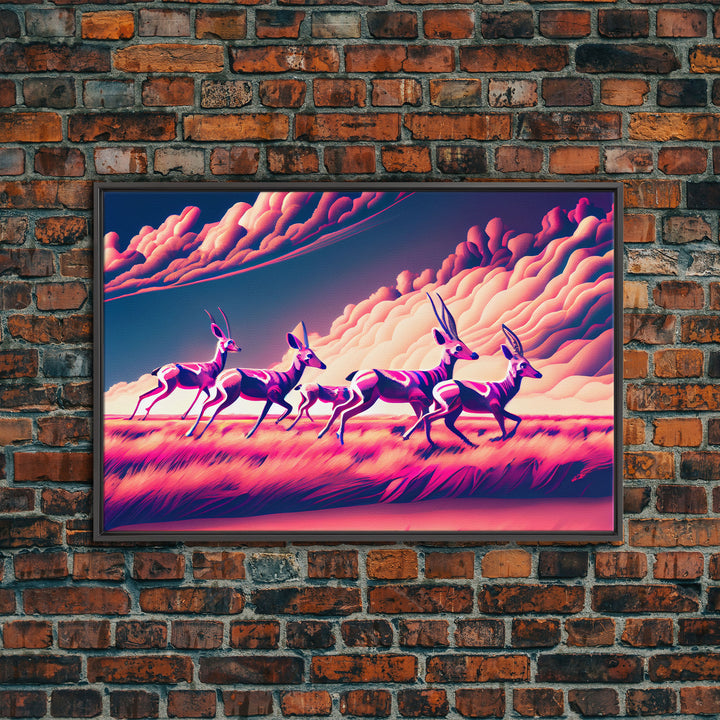 Herd of African Gazelles, vaporwave art, synthwave aesthetic nature print, framed canvas print