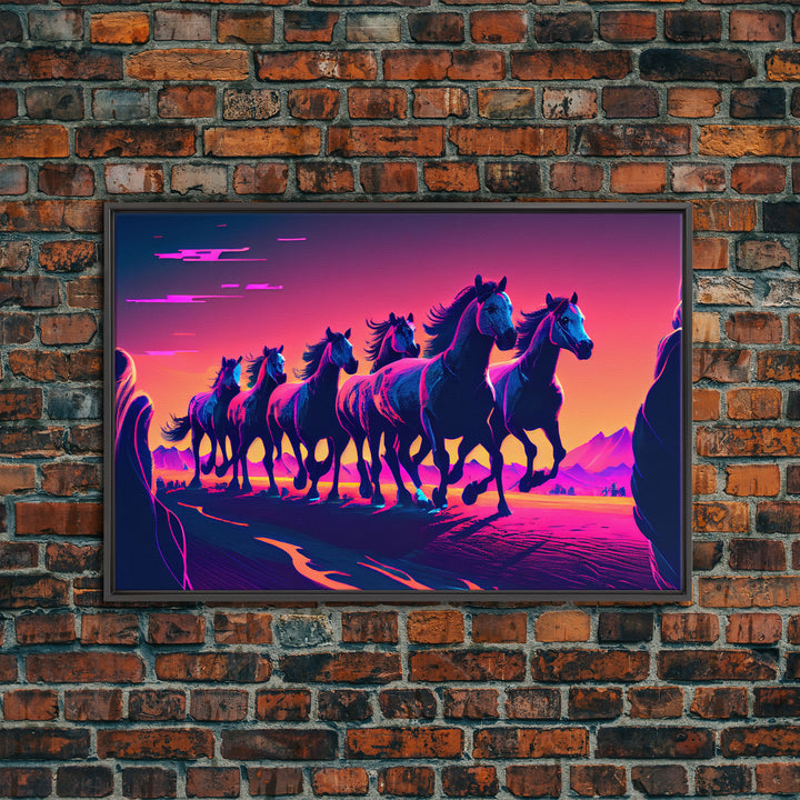 Herd of Wild Horses, American Western decor, framed canvas print, synthwave animal art