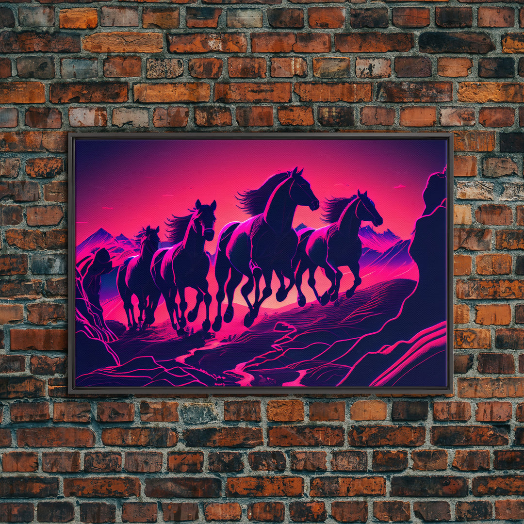 Pack of Wild Horses, American Western decor, framed canvas print, synthwave animal art