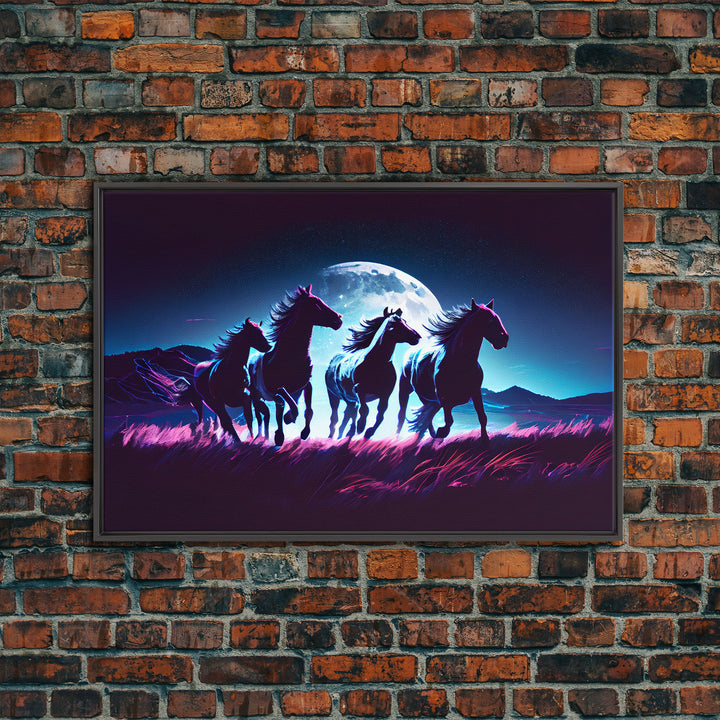 Wild horses running in the moonlight, vaporwave art, framed canvas print