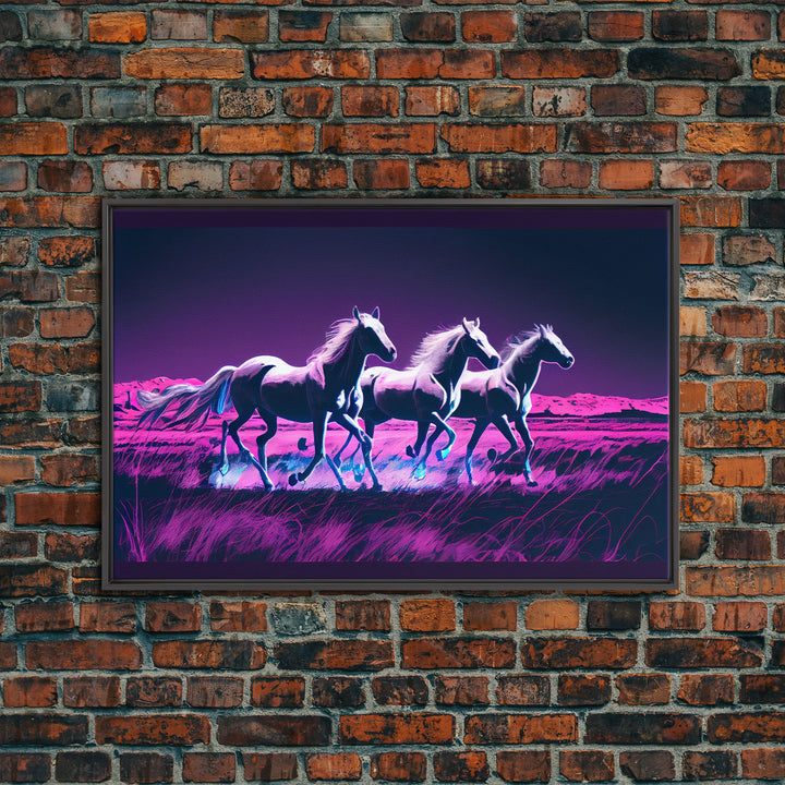 Pastel Wild horses running in the moonlight, vaporwave aesthetic art, framed canvas print