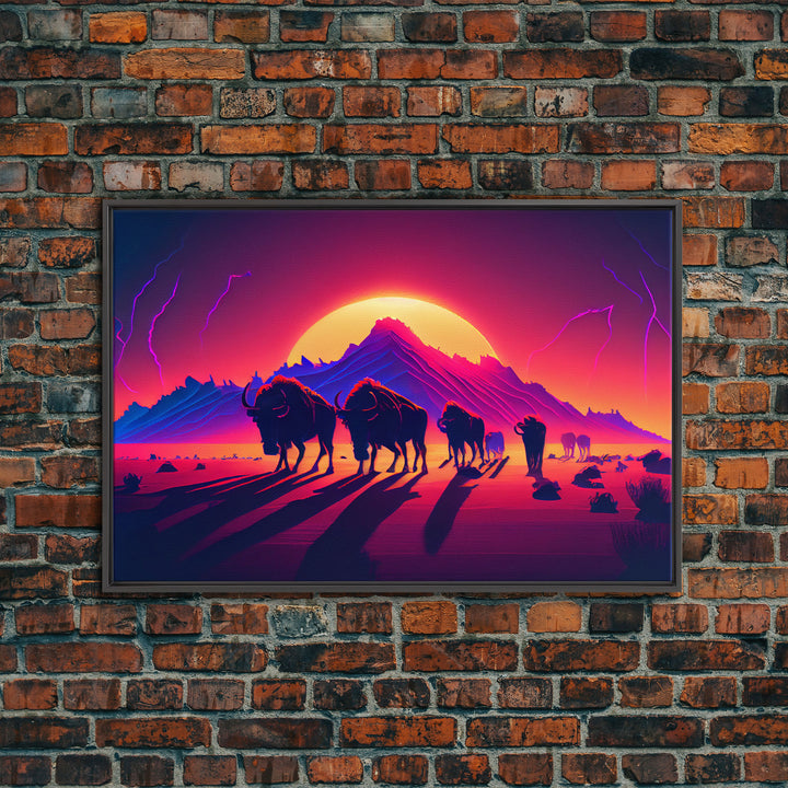 Synthwave American Buffalo, Retrowave art, herd of Bison and a setting sun, framed canvas print