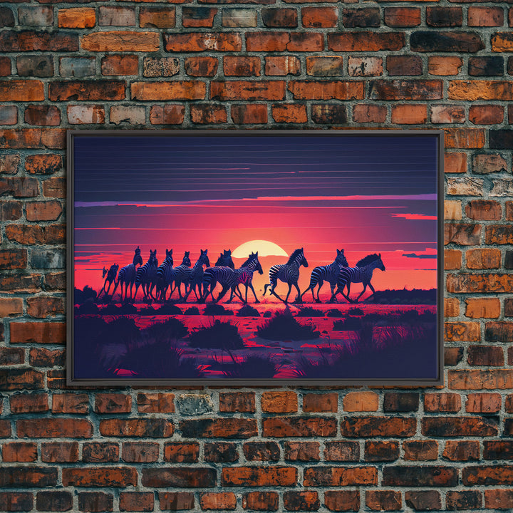 Herd of wild zebra against a beautiful African sunset, framed canvas print