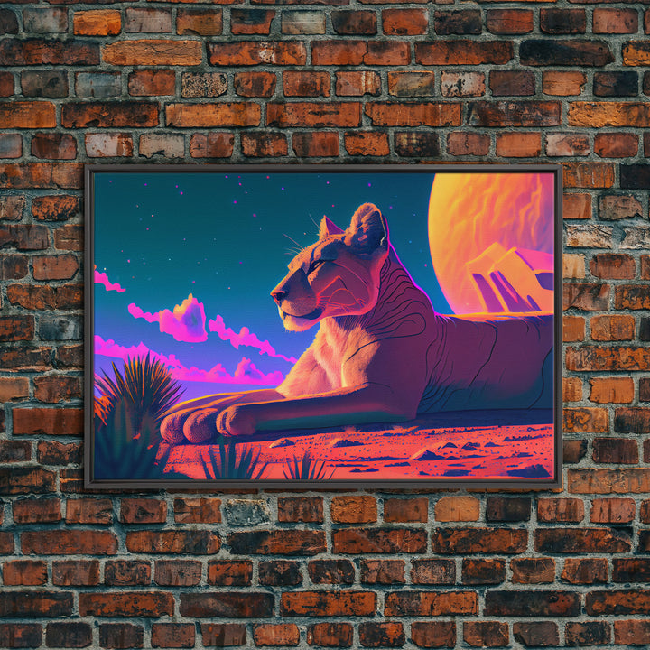 Lioness synthwave art, framed canvas print, beautiful pastel lion art