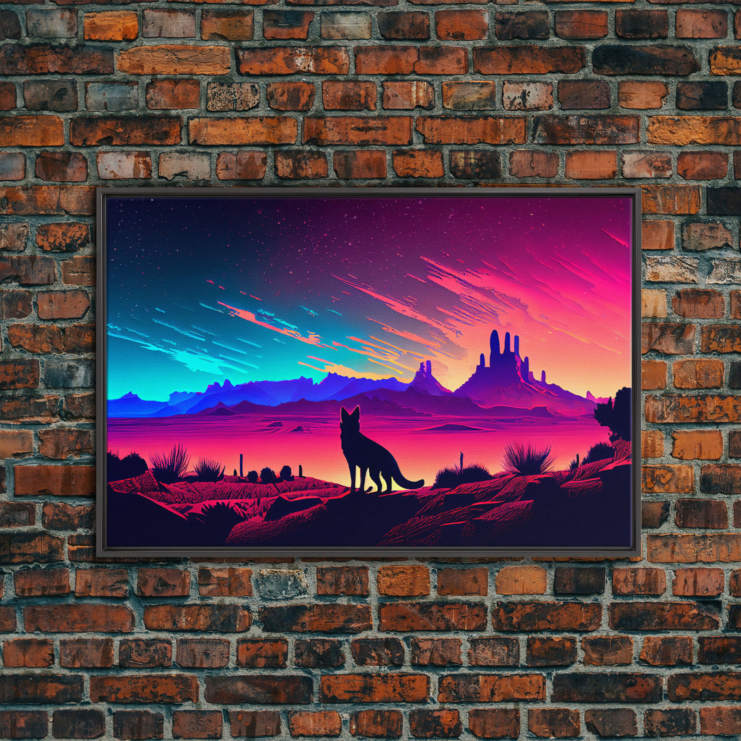 Cute fox in an Arizona desert landscape, framed canvas print, framed wall art, synthwave art