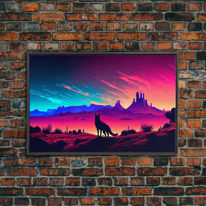 Cute fox in an Arizona desert landscape, framed canvas print, framed wall art, synthwave art