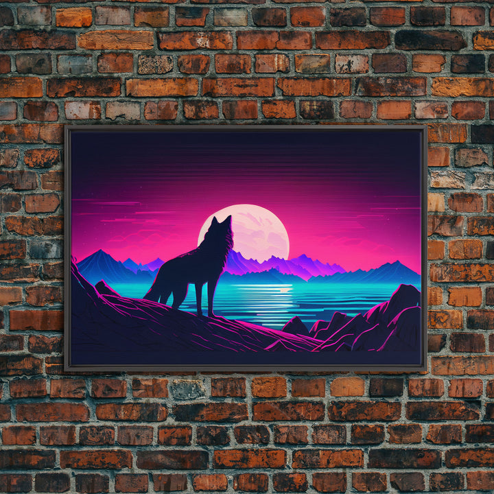 Wolf Silhouette Full Moon Purple Sky Ocean Sea Landscape Wall Art Print, Fine Art Print, Wall Decor, Wall Poster