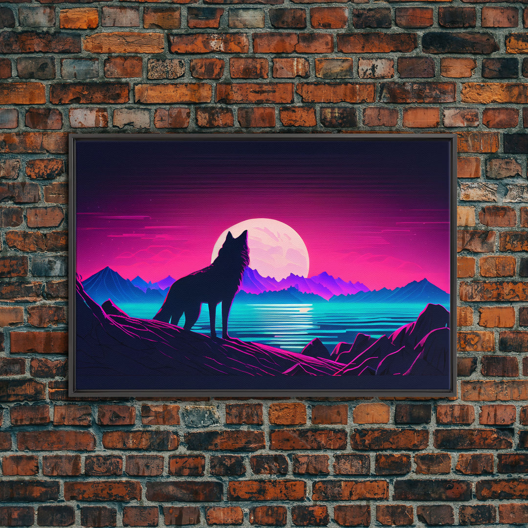 Wolf art, turquoise landscape, framed canvas print, vaporwave aesthetic desert art