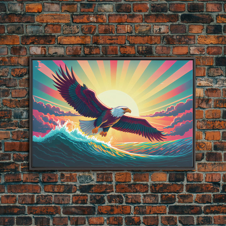 Retrowave bald eagle, pastel sunset, framed canvas print