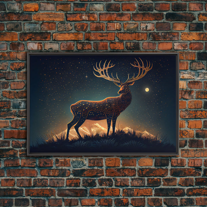 Deer made of stars, reflection stag, framed canvas print, unique wall art