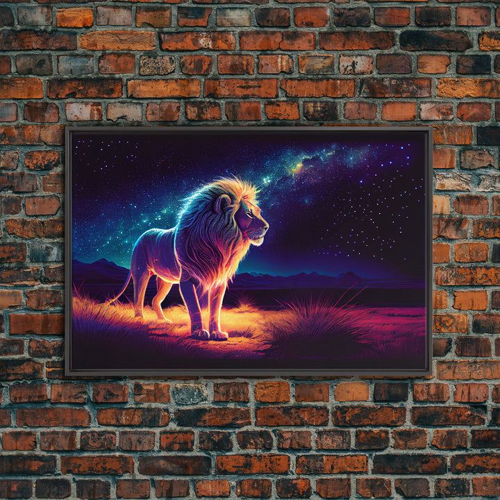 The Lion and the Universe, unique vibrant synthwave wall art, framed canvas print