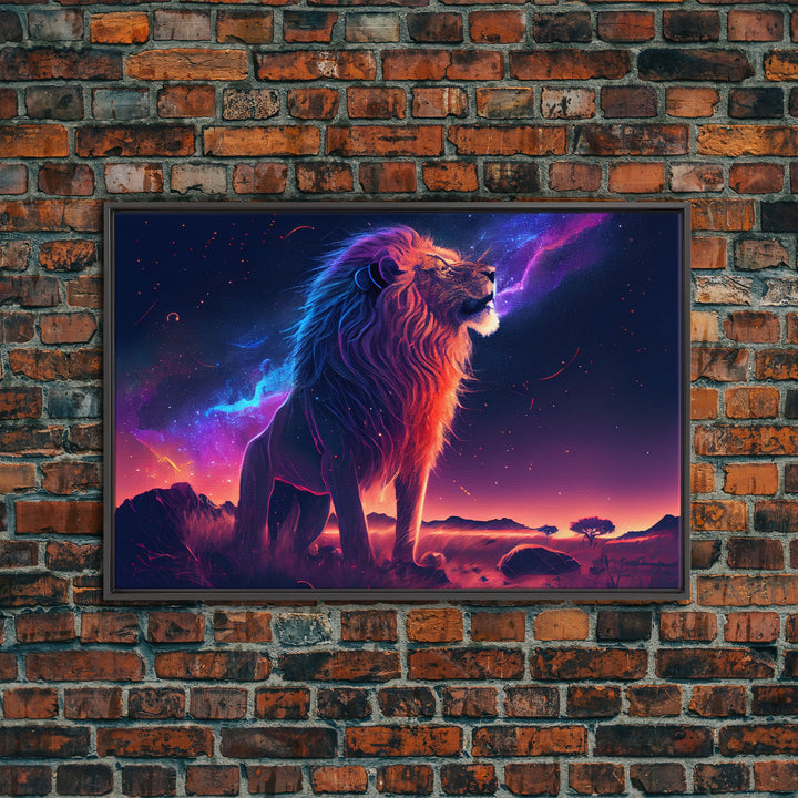 The Lion and the Galaxy, unique vibrant synthwave wall art, framed canvas print, animal lion print