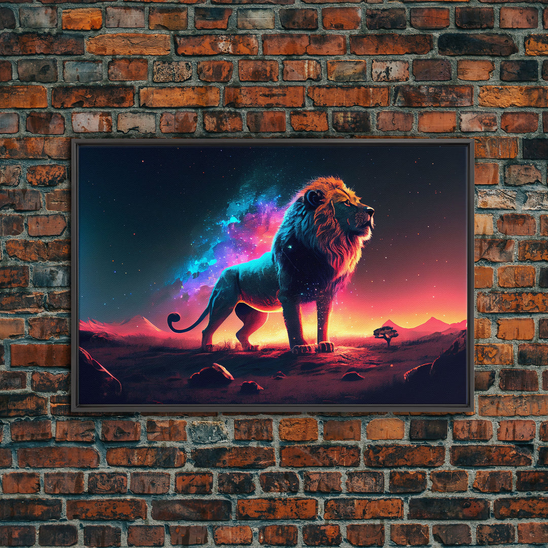 Cosmic roar watercolor, Lion staring at the stars over Africa, framed canvas print, unique vibrant wall art